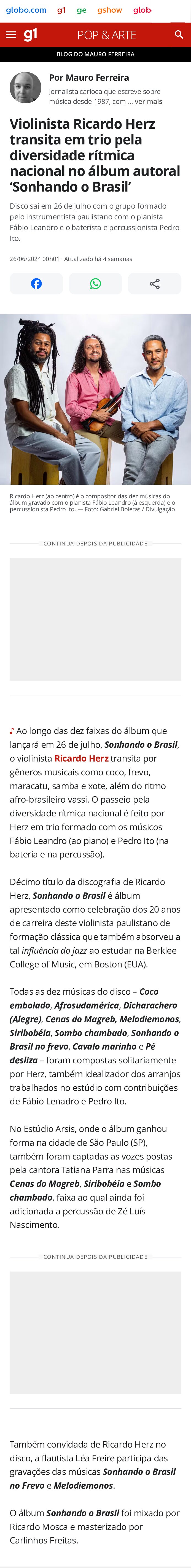 Matéria do G1 sobre Ricardo Herz Trio