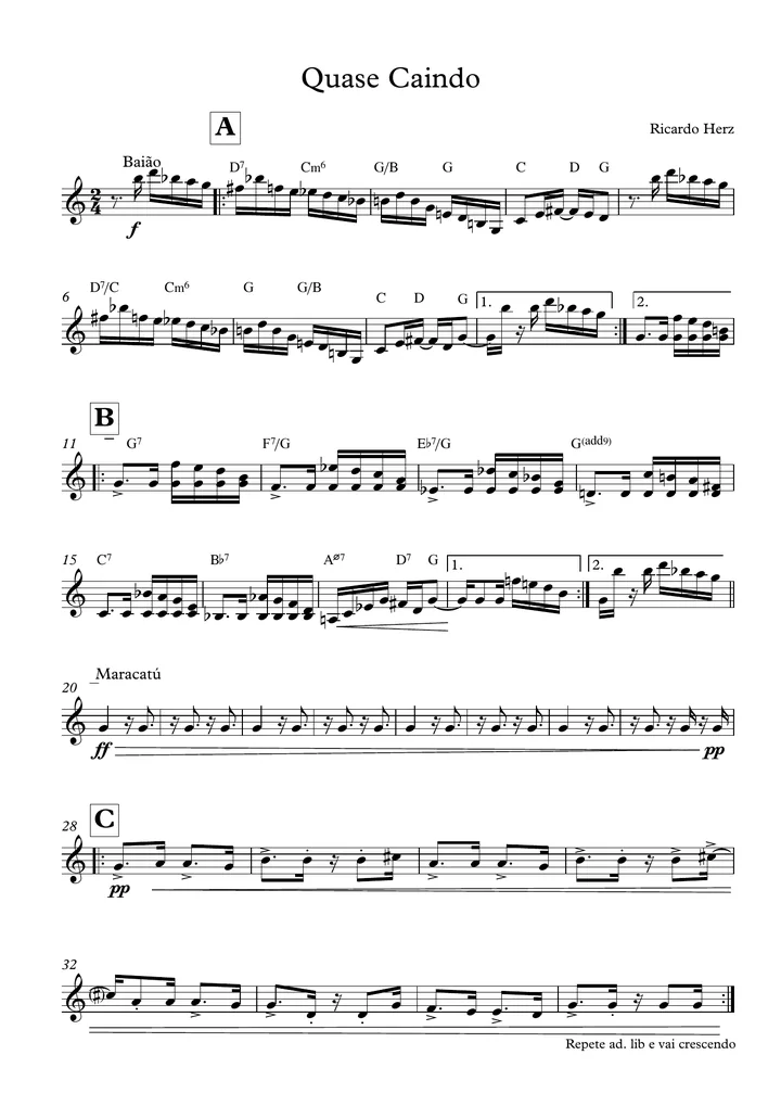 Primeira página da partitura Quase Caindo